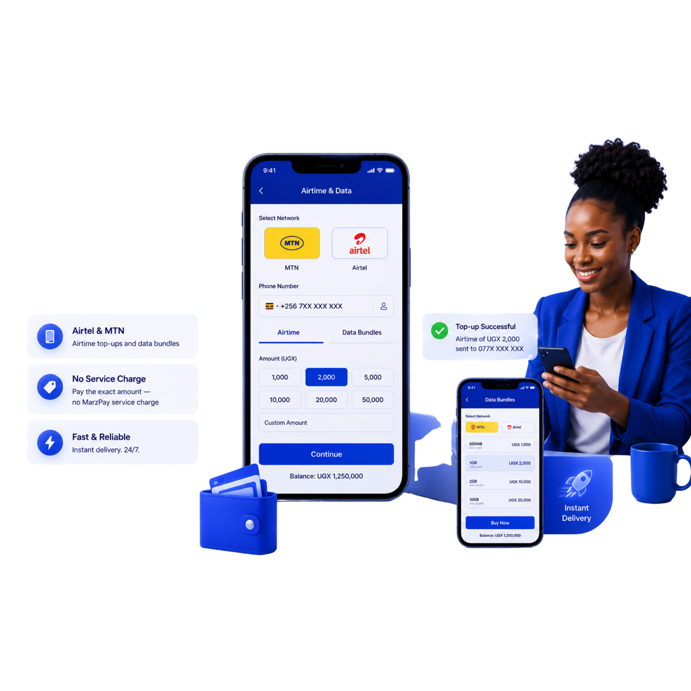 Buy MTN and Airtel airtime and data bundles with MarzPay Uganda